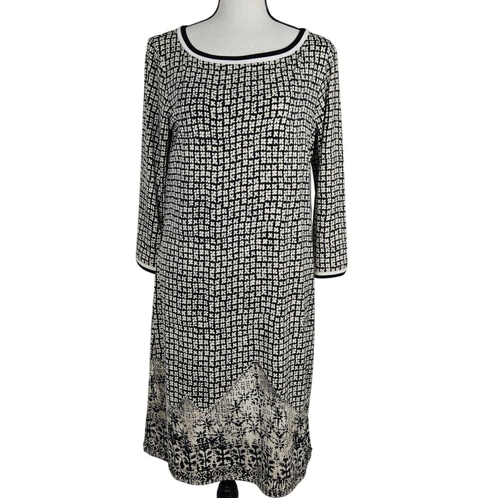 Max Studio Shift Dress Womens M Black White Geometric Stretch Classic Mod Artsy